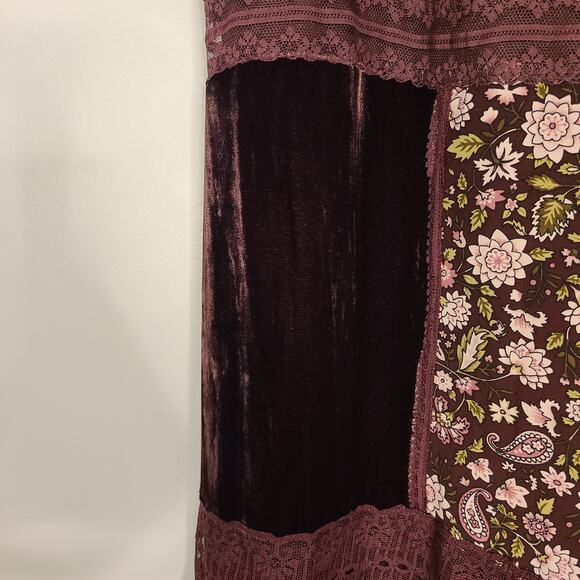 JOSEPHINE CHAUS Patchwork Midi Skirt 10 Burgundy Velvet Silk Prairie Cottage - Picture 7 of 12